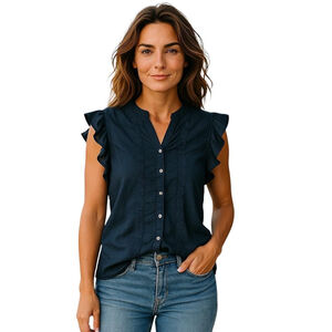 J.Crew Blouse Womens 0 Blue Embroidered Button Up Ruffle Sleeve Casual Cotton